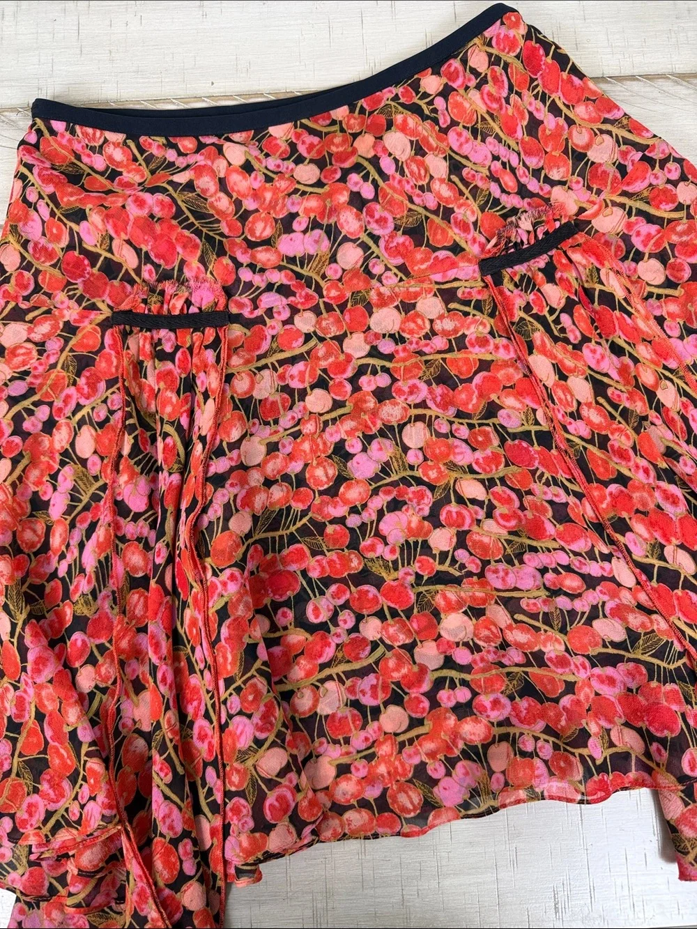 Intuitions A-Line Silk Skirt in Red and Pink Cherries